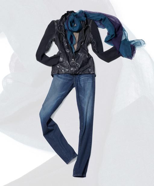 Improvd leather jacket with knit sleeves, $688. Me & Kashmiere hand-dyed ombré cashmere scarf, $175. AG Farrah skinny jean, $158.